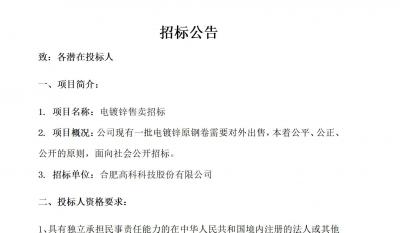 合肥7790必发集团电镀锌售卖招标布告